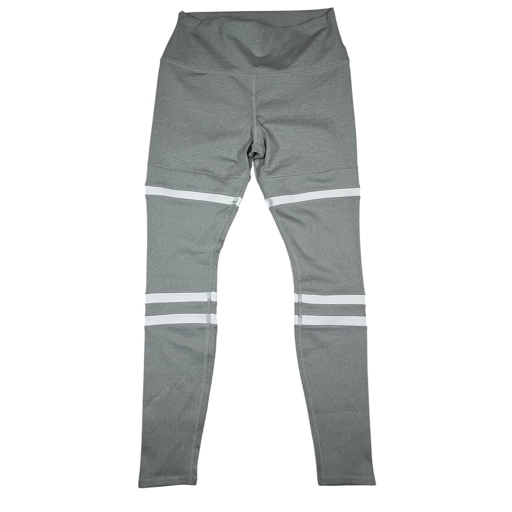 Alo Yoga Goddess Leggings Women Large Grey White Striped Ribbed High Waist - Picture 5 of 14